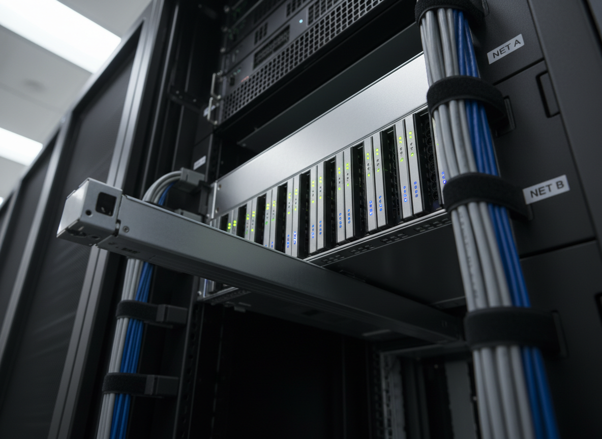 A close-up view of a 1U rack-mounted server partially pulled out from a sleek black rack cabinet in a modern server room. The server’s brushed metal faceplate features orderly rows of drive bays with tiny, uniform status LEDs glowing soft green and blue. On either side, neatly bundled network cables in muted grays and deep blues are secured with matching Velcro straps, running along labeled cable channels. The background reveals other servers fading into a soft blur, lit by cool overhead fluorescent panels that create crisp reflections on the metal edges and gentle gradients across the surfaces. Shot at a slightly low, diagonal angle to emphasize depth, the mood is controlled, reliable, and highly professional, with a structured, corporate aesthetic in photographic realism.