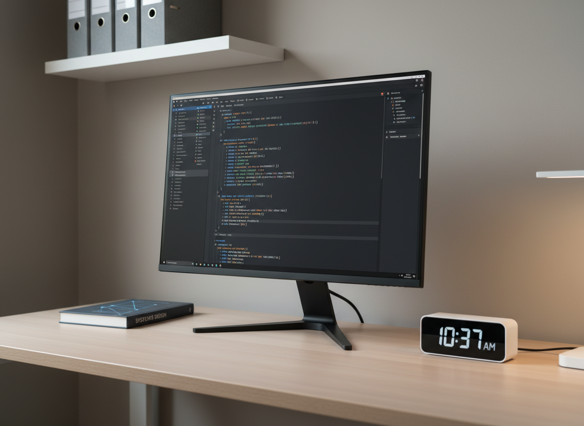 A refined coding environment displayed on a large, thin-bezel monitor shows a well-structured codebase in a dark theme, with clear syntax highlighting in soft blues, greens, and ambers. The monitor rests on a matte black stand above a tidy desk made of light ash wood. To one side sits a closed technical book with a simple geometric cover design, and on the other, a minimalist desk clock with a monochrome digital display. The background features a neutral taupe wall with a single floating shelf holding neatly arranged, spine-aligned binders. Soft, overcast daylight filters from the left, balanced by a subtle, cool desk lamp glow from the right, creating a calm, even illumination. Captured at a slight side angle with shallow depth of field, the focus stays on the code, conveying concentration, clarity, and modern professionalism in photographic realism.
