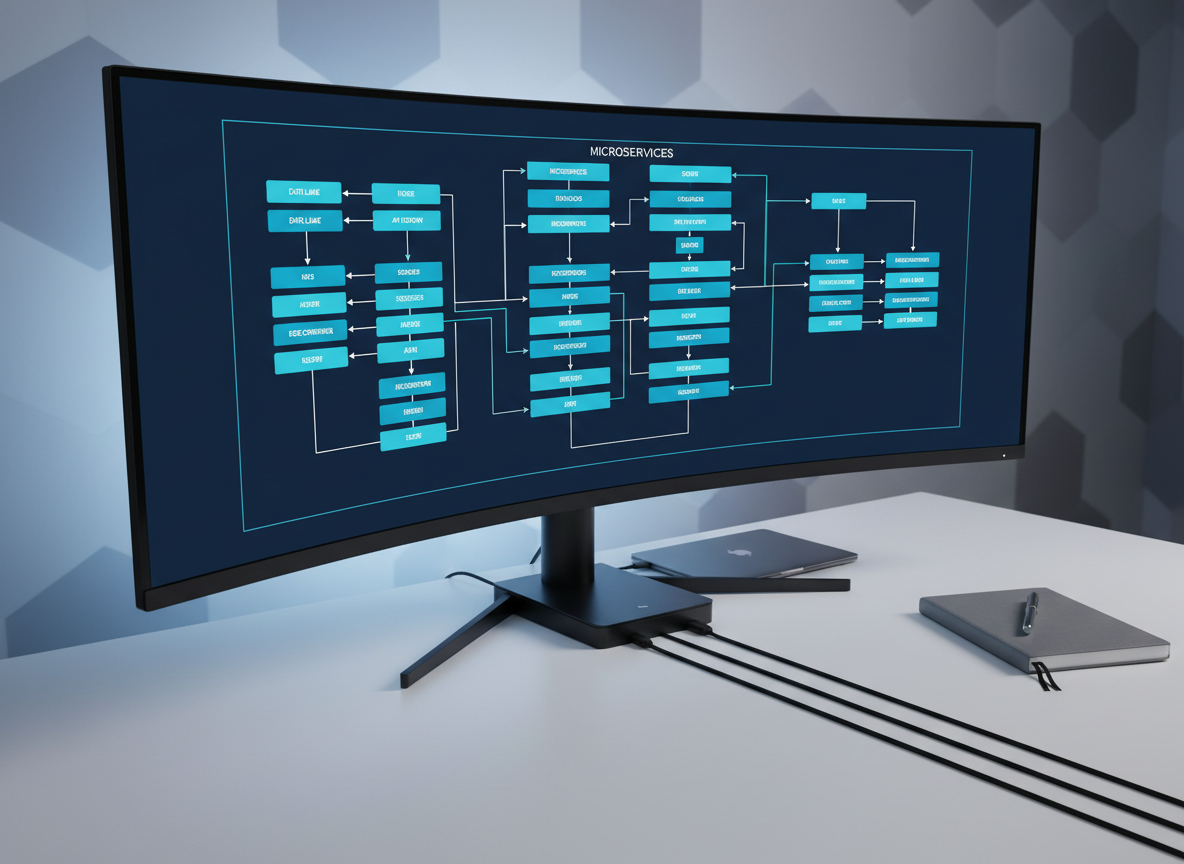 A dark, ultra-wide monitor on a low-profile stand displays a complex but tidy system architecture diagram in shades of blue, teal, and white against a deep navy background. Below it, a compact black docking station connects a thin, space-gray laptop, with braided cables running in precise parallel lines. The workstation sits on a matte white desk with a single graphite-gray notebook and a metallic pen aligned perfectly. The background fades into a softly blurred office wall with a subtle geometric pattern. Cool, indirect LED strip lighting from behind the monitor creates a halo effect, enhancing the technological feel and casting soft shadows forward. Captured from a slightly elevated three-quarter angle with moderate depth of field, the image conveys a strategic, high-level IT planning environment in clean, modern photographic realism.