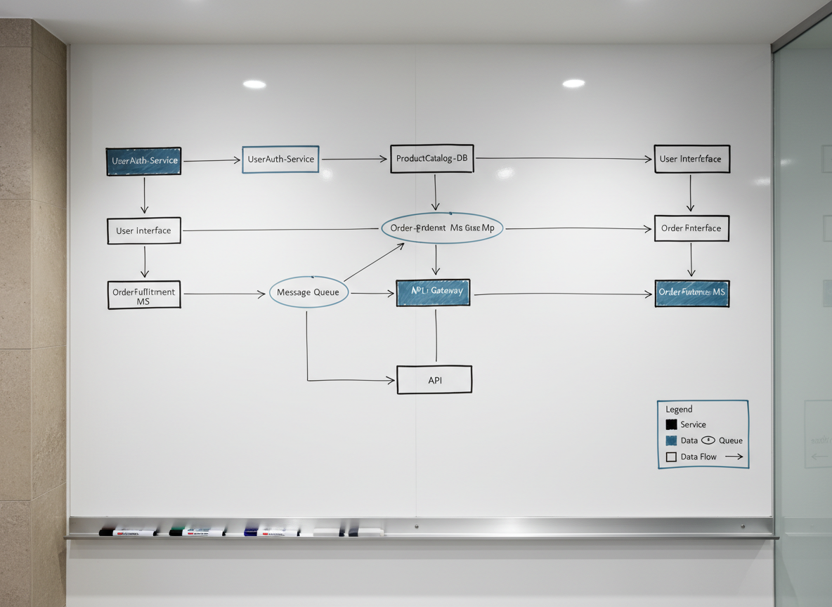 A polished whiteboard wall covered with a carefully drawn system design for a distributed application, using precise black and slate-blue markers. Rectangular boxes representing services, neatly labeled queues, and directional arrows form a structured network of components, with a small, boxed legend in the lower corner explaining symbols. Magnetic, color-coded markers and slim erasers are aligned on a narrow gray metal ledge at the base. The room features a muted stone-colored wall and a subtle glass partition edge on one side, hinting at a modern conference space. Overhead recessed lighting provides clean, even illumination without glare, while a soft shadow from the marker ledge grounds the scene. Shot straight on with sharp focus edge-to-edge, the mood is analytical and strategic, emphasizing orderly IT architecture planning in a clean, corporate photographic style.