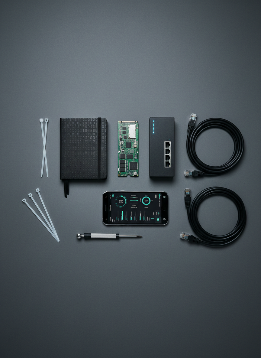 A meticulously organized flat lay of essential IT tools arranged on a smooth charcoal desk surface: a disassembled solid-state drive with visible circuit board, a compact network switch with glowing status LEDs, a black notebook with embossed binary patterns, and a smartphone showing a system monitoring dashboard in teal and white. Slim white cable ties, a precision screwdriver, and neatly coiled Ethernet cables frame the central objects. Overhead, cool, diffused studio lighting eliminates harsh reflections while creating subtle gradients across the metallic and plastic textures. The composition is geometrically structured and symmetric, with clean negative space around each item. Shot from a top-down, bird’s-eye perspective in photographic realism, the mood is analytical, orderly, and technical, reflecting a professional IT mindset.