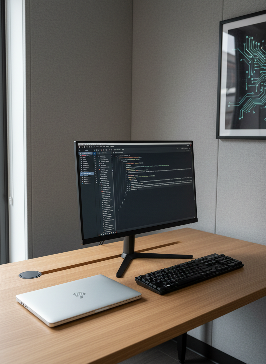 A sleek, minimalist workstation featuring a closed, modern silver laptop with a subtle logo, a matte-black mechanical keyboard, and a slim 27-inch monitor displaying a clean dark-mode code editor with neatly organized syntax. The desk surface is a smooth, light oak with perfectly routed cable management disappearing into a discreet grommet. In the background, neutral gray acoustic panels line the wall beside a framed abstract blueprint of circuit traces. Soft, diffused daylight from an unseen side window creates gentle reflections on the laptop shell and monitor edges, casting controlled, linear shadows. Photographed at eye level with balanced, sharp focus throughout, the composition follows a rule-of-thirds layout, emphasizing clean lines, corporate professionalism, and a calm, focused atmosphere in photographic realism.